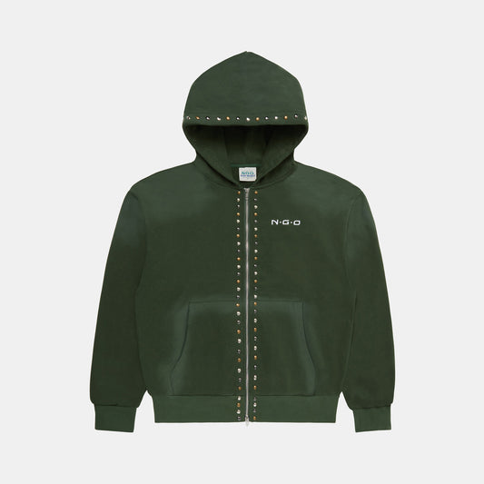 STUDDED GREEN ZIP UP HOODIE