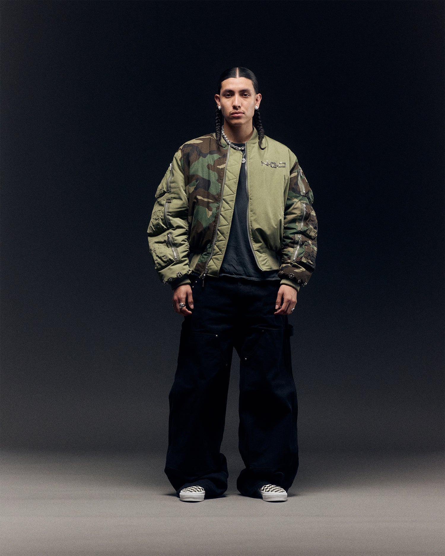 STUDDED BOMBER JACKET (OLIVE)