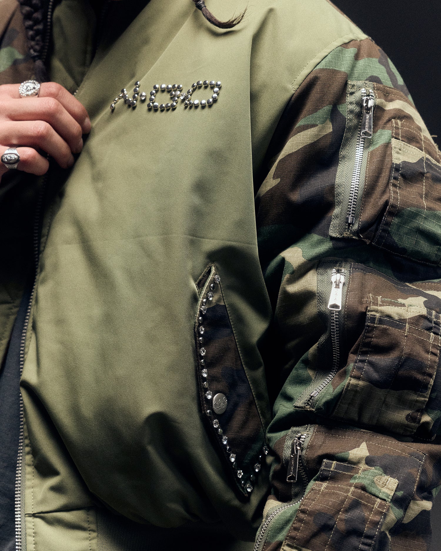 STUDDED BOMBER JACKET (OLIVE)